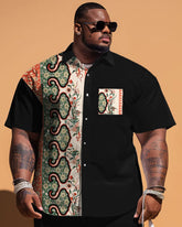 Men's Plus Size Simple Pattern Patchwork Printing Pocket Short-sleeved Shirt Shorts Suit
